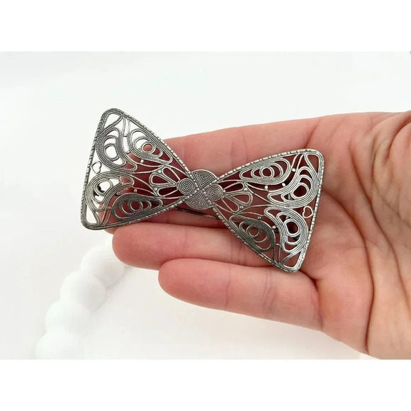 Art Deco Large XL Vintage Textured Handcrafted Cannetille Style Bowtie Brooch - Picture 6 of 10